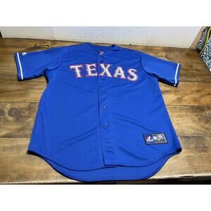 Texas Rangers Michael Young Majestic Jersey Men’s L Blue Baseball MLB